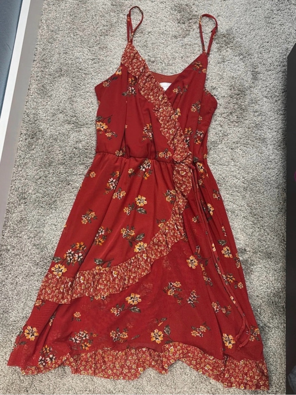 Xhilaration Red Floral Ruffle Wrap Midi Dress